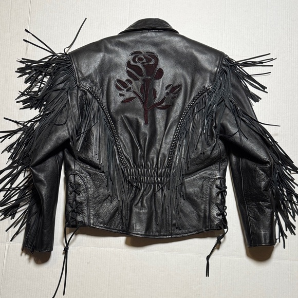 Rose Suede Inlay Black Leather Fringe Braided Moto Biker Jacket High Quality M/L - Picture 14 of 16
